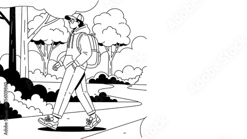 Forest Trail Walker: A person leisurely strolling along a winding forest path, carrying a backpack, with the scenic backdrop of towering trees and flourishing nature.