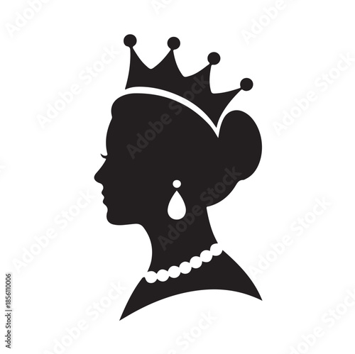 Queen silhouette profile with crown and pearl jewelry isolated on white