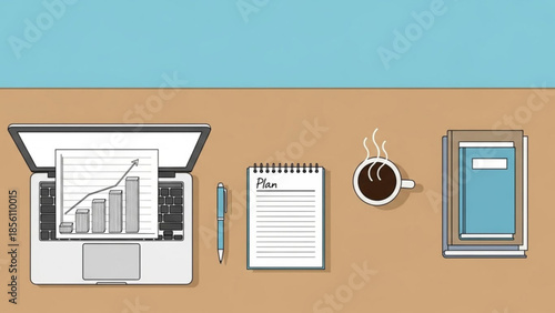Overhead view of a laptop displaying upward trending bar chart next to a planning notebook and hot coffee on a desk