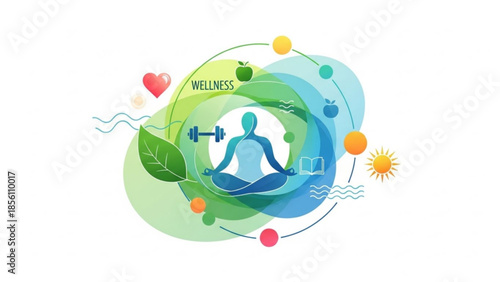 Illustration representing holistic wellness concepts including meditation fitness nutrition mental health and healthy lifestyle elements in vibrant abstract circles