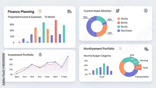 Financial dashboard displaying projected income expenses investment portfolio asset allocation and monthly budget categories for thorough personal analysis
