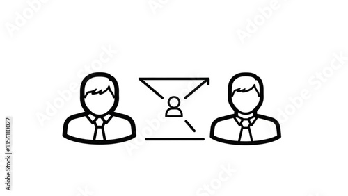 Simple black and white line icon illustrating communication flow or information transfer between two distinct business professionals using a central figure filter concept