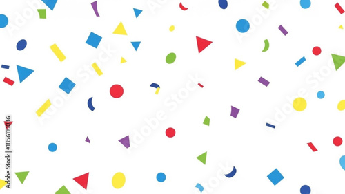 Vibrant assortment of colorful geometric confetti shapes falling against a clean white background creating a joyful celebratory atmosphere
