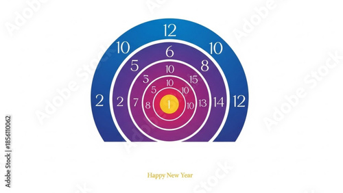Abstract graphic design featuring colorful concentric target circles with scattered numbers suggesting goals achievement and a happy new year greeting below