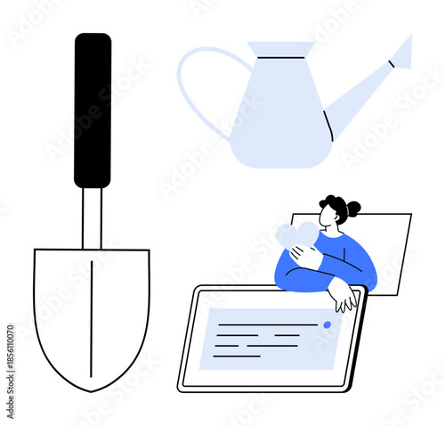 Gardening tools and digital connection. Gardening combines tools thumbs up trowels and watering cans in modern lifestyles. Gardening balance between technology and nature. For sustainability, DIY