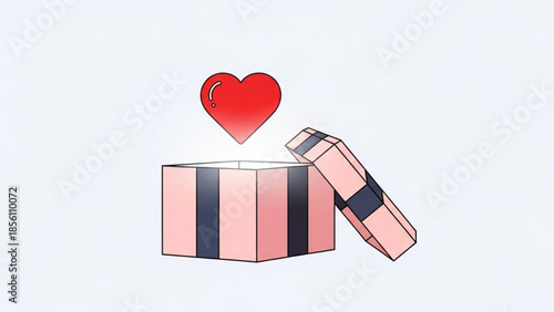 Glowing red heart icon levitating above an open pink gift box with black accents against a clean light background illustration