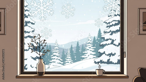 Cozy view from an interior window sill featuring a small potted branch and a steaming mug overlooking a serene snowfall in a frosty evergreen forest landscape