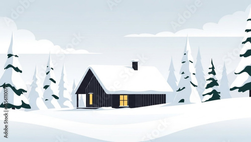 Cozy dark wooden cabin nestled in a vast snowy landscape surrounded by tall fir trees under a pale winter sky