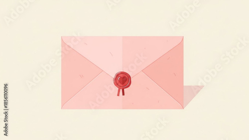 Closed pink paper envelope sealed with a distinctive red wax stamp featuring an embossed heart shape indicating love or secret message delivery