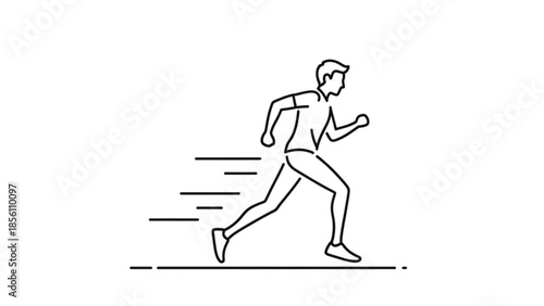 Minimalist line art icon depicting a fit male athlete running quickly with motion lines indicating speed and successful forward progress