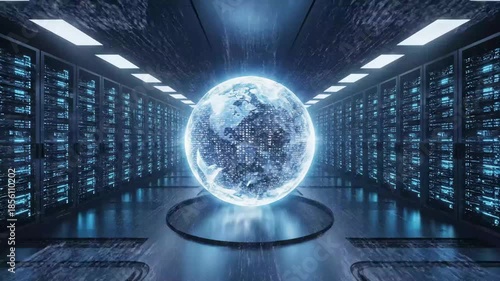 Abstract Digital Cube Tunnel - This abstract shot features a digital tunnel constructed from cubes, converging into a central point surrounded by a spherical glow.