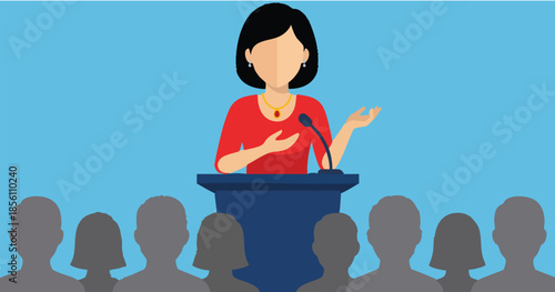 Woman giving a speech at a podium to an audience in a flat design style