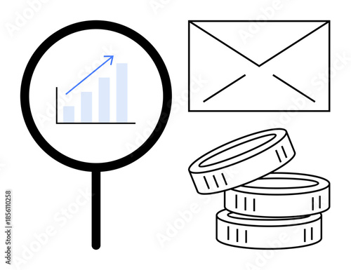 Business strategy, financial growth, online marketing, market research, economic planning, investment opportunities. Magnifying glass with graph, coins envelope icon. Financial growth and market