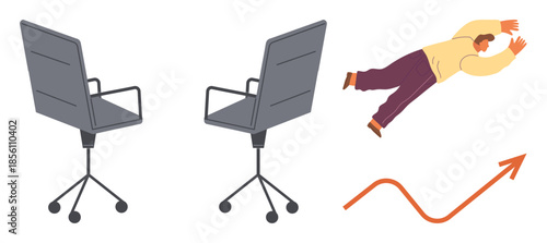 Two office chairs and a flying person represent progress, career advancement, and overcoming challenges. Ideal for success, ambition, leadership, change, innovation, motivation simple flat metaphor