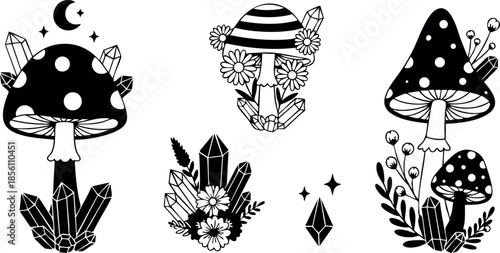 Black and white magical mushrooms with crystals and floral elements vector illustration 