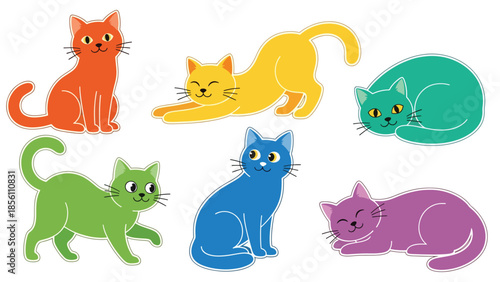 Modern vector illustration set of cats in various poses on white background, flat animal collection with solid colors, ideal for icons and pet designs
