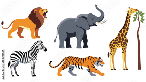 Modern vector illustration collection of wild animals elephant, tiger, zebra, giraffe, lion, in various poses on white background, flat wildlife set with solid colors, ideal for education