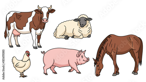 Modern vector illustration collection of farm animals cow, sheep, pig, horse, in various poses on white background, flat rural animal set with solid colors, ideal for agriculture
