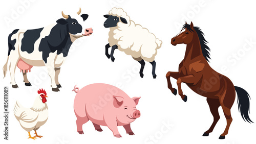 Modern vector illustration collection of farm animals cow, sheep, pig, horse, in various poses on white background, flat rural animal set with solid colors, ideal for agriculture