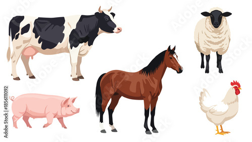 Modern vector illustration collection of farm animals cow, sheep, pig, horse, in various poses on white background, flat rural animal set with solid colors, ideal for agriculture