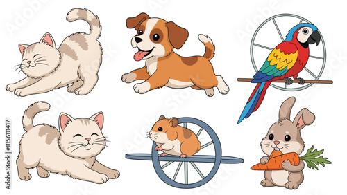 Modern vector illustration collection of pets cat, dog, rabbit, parrot, hamster, in playful poses on white background, flat pet animal set with solid colors, ideal for icons