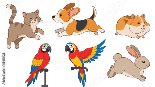 Modern vector illustration collection of pets cat, dog, rabbit, parrot, hamster, in playful poses on white background, flat pet animal set with solid colors, ideal for icons