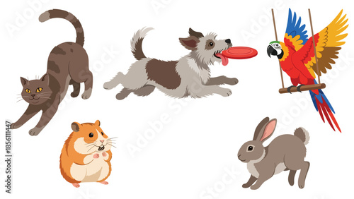 Modern vector illustration collection of pets cat, dog, rabbit, parrot, hamster, in playful poses on white background, flat pet animal set with solid colors, ideal for icons