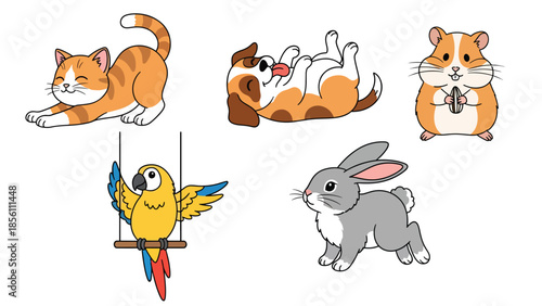 Modern vector illustration collection of pets cat, dog, rabbit, parrot, hamster, in playful poses on white background, flat pet animal set with solid colors, ideal for icons