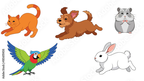 Modern vector illustration collection of pets cat, dog, rabbit, parrot, hamster, in playful poses on white background, flat pet animal set with solid colors, ideal for icons