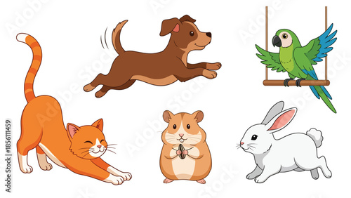 Modern vector illustration collection of pets cat, dog, rabbit, parrot, hamster, in playful poses on white background, flat pet animal set with solid colors, ideal for icons