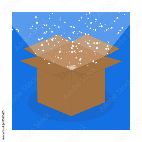Brown cardboard box with confetti on blue background