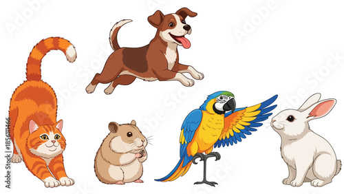 Modern vector illustration collection of pets cat, dog, rabbit, parrot, hamster, in playful poses on white background, flat pet animal set with solid colors, ideal for icons