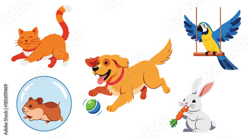 Modern vector illustration collection of pets cat, dog, rabbit, parrot, hamster, in playful poses on white background, flat pet animal set with solid colors, ideal for icons