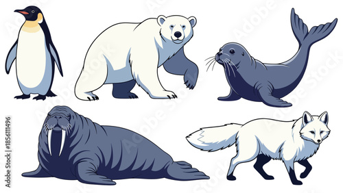Modern vector illustration set of polar animals penguin, polar bear, seal, walrus, arctic fox, in various poses on white background, flat arctic wildlife collection with solid colors