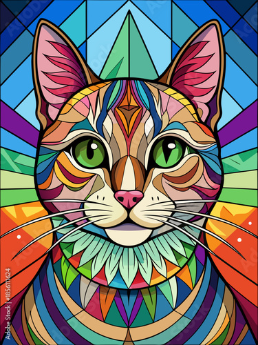 Cat real, Stained Glass Style , rainbow color