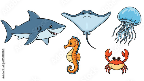 Modern vector illustration collection of aquatic animals shark, ray, jellyfish, seahorse, crab, in floating poses on white background, flat marine life set with solid colors