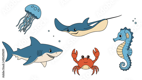 Modern vector illustration collection of aquatic animals shark, ray, jellyfish, seahorse, crab, in floating poses on white background, flat marine life set with solid colors