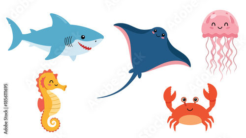 Modern vector illustration collection of aquatic animals shark, ray, jellyfish, seahorse, crab, in floating poses on white background, flat marine life set with solid colors