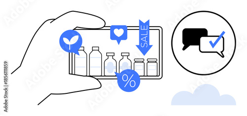 Hand holding smartphone displaying products with eco-friendly, discount, and engagement icons. Ideal for e-commerce, marketing, promotions, social media, sustainability, customer interaction online