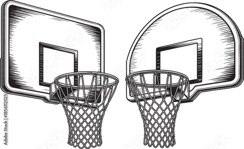 Hand drawn style Basketball hoop silhouette set isolated on transparent background