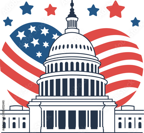 Title: The United States Capitol building with an American flag background and stars