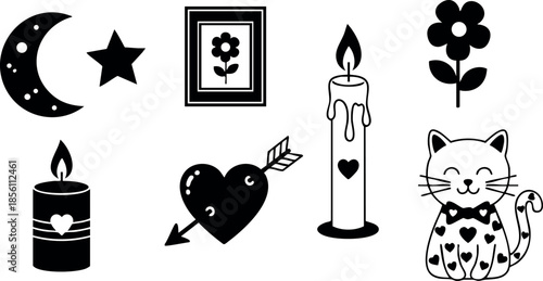 Cute heart and cat vector illustration with moon star candle and flower designs 