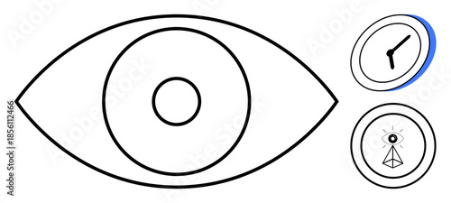Vision, observation, time management, focus, minimalism, perspective. A bold outline of an eye with two simple clock concepts. Vision and time management in a minimalist style