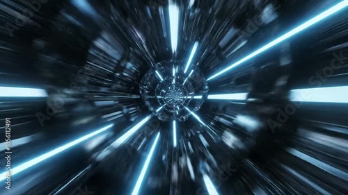 Abstract Hyperspace Tunnel - This video depicts a futuristic tunnel effect with glowing blue lines converging toward a central point.