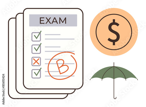Exam sheets with grades, dollar sign for financial aspects, and umbrella for protection. Ideal for education strategy, financial security, problem-solving, risk management, evaluations, productivity