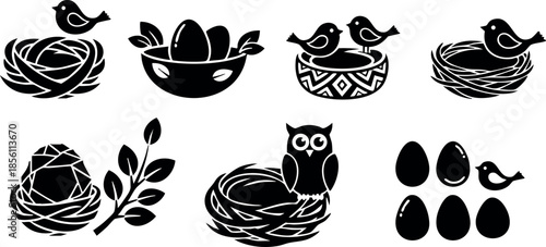 Bird and Owl Nests with Eggs and Leaves Vector Silhouettes in Black and White Design 