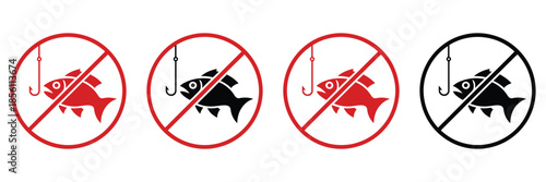 A no fishing prohibition sign – fish and hook ban symbol silhouette vector icon, bold visual for lakes, rivers, and ponds, promoting conservation, safety awareness, and recreational compliance.