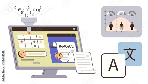Funnel processing data streams into a computer monitor, invoice generation, translation tools, and analytics charts. Ideal for technology, finance, AI, linguistic tools, automation data