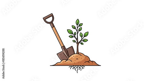Shovel and Young Plant with Roots.