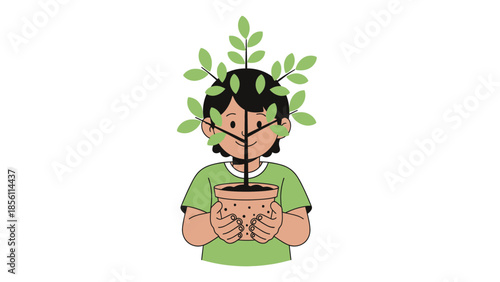 Young Boy Holding Small Tree Sapling.